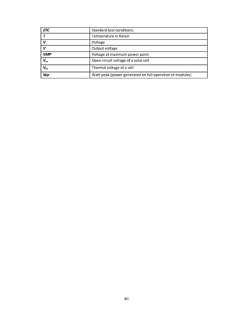 XII
STC Standard test conditions
T Temperature in Kelvin
V Voltage
V Output voltage
VMP Voltage at maximum power point
Voc Open circuit voltage of a solar cell
Vth Thermal voltage of a cell
Wp Watt peak (power generated on full operation of modules)
 