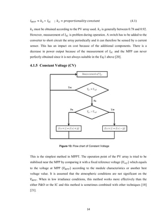 14
(4.1)
must be obtained according to the PV array used. is generally between 0.78 and 0.92.
However, measurement of is problem during operation. A switch has to be added to the
converter to short circuit the array periodically and it can therefore be sensed by a current
sensor. This has an impact on cost because of the additional components. There is a
decrease in power output because of the measurement of and the MPP can never
perfectly obtained since it is not always suitable in the Eq.1 above [20].
4.1.5 Constant Voltage (CV)
This is the simplest method in MPPT. The operation point of the PV array is tried to be
stabilised near the MPP by comparing it with a fixed reference voltage which equals
to the voltage at MPP according to the module characteristics or another best
voltage value. It is assumed that the atmospheric conditions are not significant on the
. When in low irradiance conditions, this method works more effectively than the
either P&O or the IC and this method is sometimes combined with other techniques [18]
[21].
Figure 13: Flow chart of Constant Voltage
 