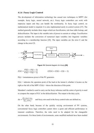 15
4.1.6 Fuzzy Logic Control
The development of information technology has caused new techniques in MPPT (for
example; fuzzy logic, neural network, etc.). Fuzzy logic controllers can work with
imprecise inputs and they can handle the nonlinearity. In fuzzy logic control, no
mathematical model is required. It is also implemented easily in control system [27]. The
method generally includes three stages which are fuzzification, rule base table lookup, and
defuzzification. The input is the variable ratio of power to current or voltage. Fuzzification
process includes the conversion of numerical input variables into linguistic variables
according to a membership function [28]. The input variables are the error E and the
change in the error CE.
Figure 14: General diagram of a fuzzy [29]
P(k) = instantaneous power of the PV generator.
E(k) = indicates the operation point of the load at the instant k whether it locates on the
right or the left of the MPP. CE(k) = shows the direction of this point.
Mamdani’s method is used to carry out the fuzzy inference and the centre of gravity is used
to compute the output of FLC in the defuzzification. The output is the duty cycle;
∑ ( )
∑
and fuzzy sets used in the fuzzy control rules are defined as;
On the other hand, because of the quickly varying environment of PV systems,
conventional fuzzy logic controllers cannot show a quick and efficient performance in
transient conditions. Therefore, the rules need to be adapted for the changeable
environments. For these kinds of environments, some modified methods have been studied
 
