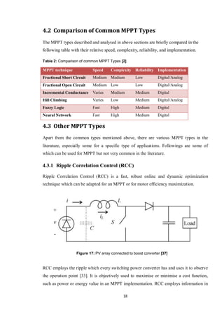 18
4.2 Comparison of Common MPPT Types
The MPPT types described and analysed in above sections are briefly compared in the
following table with their relative speed, complexity, reliability, and implementation.
Table 2: Comparison of common MPPT Types [2]
MPPT technique Speed Complexity Reliability Implementation
Fractional Short Circuit Medium Medium Low Digital/Analog
Fractional Open Circuit Medium Low Low Digital/Analog
Incremental Conductance Varies Medium Medium Digital
Hill Climbing Varies Low Medium Digital/Analog
Fuzzy Logic Fast High Medium Digital
Neural Network Fast High Medium Digital
4.3 Other MPPT Types
Apart from the common types mentioned above, there are various MPPT types in the
literature, especially some for a specific type of applications. Followings are some of
which can be used for MPPT but not very common in the literature.
4.3.1 Ripple Correlation Control (RCC)
Ripple Correlation Control (RCC) is a fast, robust online and dynamic optimization
technique which can be adapted for an MPPT or for motor efficiency maximization.
RCC employs the ripple which every switching power converter has and uses it to observe
the operation point [33]. It is objectively used to maximise or minimise a cost function,
such as power or energy value in an MPPT implementation. RCC employs information in
Figure 17: PV array connected to boost converter [37]
 