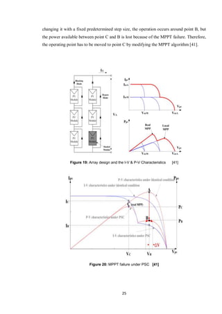 25
changing it with a fixed predetermined step size, the operation occurs around point B, but
the power available between point C and B is lost because of the MPPT failure. Therefore,
the operating point has to be moved to point C by modifying the MPPT algorithm [41].
Figure 20: MPPT failure under PSC [41]
Figure 19: Array design and the I-V & P-V Characteristics [41]
 