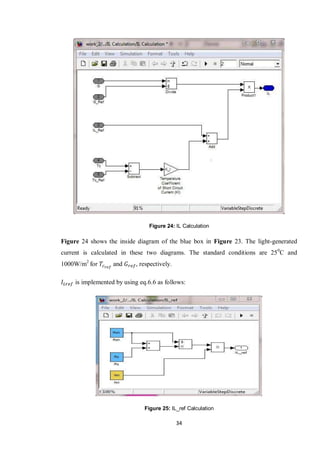 34
Figure 24: IL Calculation
Figure 24 shows the inside diagram of the blue box in Figure 23. The light-generated
current is calculated in these two diagrams. The standard conditions are 250
C and
1000W/m2
for and , respectively.
is implemented by using eq.6.6 as follows:
Figure 25: IL_ref Calculation
 