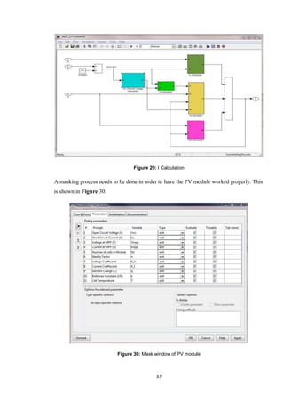 37
Figure 29: I Calculation
A masking process needs to be done in order to have the PV module worked properly. This
is shown in Figure 30.
Figure 30: Mask window of PV module
 