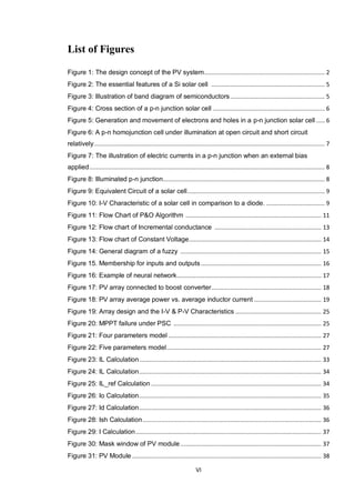 VI
List of Figures
Figure 1: The design concept of the PV system...................................................................... 2
Figure 2: The essential features of a Si solar cell .................................................................. 5
Figure 3: Illustration of band diagram of semiconductors....................................................... 5
Figure 4: Cross section of a p-n junction solar cell ................................................................. 6
Figure 5: Generation and movement of electrons and holes in a p-n junction solar cell ..... 6
Figure 6: A p-n homojunction cell under illumination at open circuit and short circuit
relatively...................................................................................................................................... 7
Figure 7: The illustration of electric currents in a p-n junction when an external bias
applied......................................................................................................................................... 8
Figure 8: Illuminated p-n junction.............................................................................................. 8
Figure 9: Equivalent Circuit of a solar cell................................................................................ 9
Figure 10: I-V Characteristic of a solar cell in comparison to a diode. .................................. 9
Figure 11: Flow Chart of P&O Algorithm ............................................................................... 11
Figure 12: Flow chart of Incremental conductance .............................................................. 13
Figure 13: Flow chart of Constant Voltage............................................................................. 14
Figure 14: General diagram of a fuzzy .................................................................................. 15
Figure 15. Membership for inputs and outputs ...................................................................... 16
Figure 16: Example of neural network.................................................................................... 17
Figure 17: PV array connected to boost converter................................................................ 18
Figure 18: PV array average power vs. average inductor current ....................................... 19
Figure 19: Array design and the I-V & P-V Characteristics .................................................. 25
Figure 20: MPPT failure under PSC ...................................................................................... 25
Figure 21: Four parameters model ......................................................................................... 27
Figure 22: Five parameters model.......................................................................................... 27
Figure 23: IL Calculation.......................................................................................................... 33
Figure 24: IL Calculation.......................................................................................................... 34
Figure 25: IL_ref Calculation ................................................................................................... 34
Figure 26: Io Calculation.......................................................................................................... 35
Figure 27: Id Calculation.......................................................................................................... 36
Figure 28: Ish Calculation........................................................................................................ 36
Figure 29: I Calculation............................................................................................................ 37
Figure 30: Mask window of PV module.................................................................................. 37
Figure 31: PV Module .............................................................................................................. 38
 