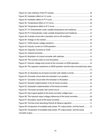 VII
Figure 32: User interface of the PV module........................................................................... 38
Figure 33: Irradiation effect on I-V curve................................................................................ 39
Figure 34: Irradiation effect on P-V curve .............................................................................. 40
Figure 35: Temperature effect on I-V curve........................................................................... 40
Figure 36: Temperature effect on P-V curve.......................................................................... 41
Figure 37: I-V Characteristic under variable temperature and irradiance ........................... 42
Figure 38: P-V Characteristic under variable temperature and irradiance .......................... 42
Figure 39: A simple circuit with a transistor and on-off conditions....................................... 44
Figure 40: Voltage on the resistor........................................................................................... 44
Figure 41: CCM inductor voltage waveform........................................................................... 46
Figure 42: Inductor current on CCM operation ...................................................................... 47
Figure 43: Capacitor Currents on CCM.................................................................................. 49
Figure 44: A Boost Converter.................................................................................................. 51
Figure 45: Illustration of a boost converter with switches. .................................................... 52
Figure 46: The currents under on and off position ................................................................ 52
Figure 47: Inductor voltage and current of the converter on DCM operation...................... 54
Figure 48: The capacitor waveforms on DCM operation and the load connected duty ratios
................................................................................................................................................... 57
Figure 49: An illustration dc-dc boost converter with related currents................................. 62
Figure 50: Converter circuit when the transistor is on position ............................................ 63
Figure 51: Converter circuit when the transistor is off position ............................................ 64
Figure 52: Simulink implementation of dc-dc boost converter.............................................. 65
Figure 53: Subsystem implementation of the boost converter ............................................. 66
Figure 54: The boost converter with control circuit................................................................ 67
Figure 55: Input signal applied to the boost converter voltage input ................................... 67
Figure 56: The required output voltage (reference) of the boost converter......................... 68
Figure 57: Simulation result of the boost converter............................................................... 68
Figure 58: The flow chart describing Perturb & Observe algorithm..................................... 71
Figure 59: Comparison of available solar power, PV output power, and the boost............ 72
Figure 60: Comparison of available solar power, PV output power, and the boost
converter output........................................................................................................................ 73
 