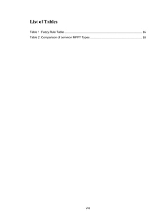 VIII
List of Tables
Table 1: Fuzzy Rule Table ...................................................................................................... 16
Table 2: Comparison of common MPPT Types .................................................................... 18
 