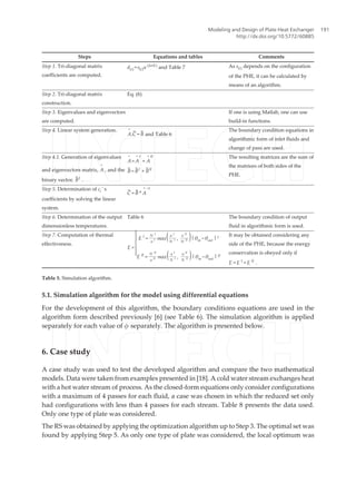 Steps Equations and tables Comments
Step 1. Tri-diagonal matrix
coefficients are computed.
d(i) =s(i)α (IorII )
and Table 7 As s(i) depends on the configuration
of the PHE, it can be calculated by
means of an algorithm.
Step 2. Tri-diagonal matrix
construction.
Eq. (6)
Step 3. Eigenvalues and eigenvectors
are computed.
If one is using Matlab, one can use
build-in functions.
Step 4. Linear system generation.
A
=
.C¯ = B¯ and Table 6
The boundary condition equations in
algorithmic form of inlet fluids and
change of pass are used.
Step 4.1. Generation of eigenvalues
and eigenvectors matrix, A
=
, and the
binary vector, B¯ I
.
A
=
= A
= I
+ A
= II
B¯ = B¯ I
+ B¯ II
The resulting matrices are the sum of
the matrices of both sides of the
PHE.
Step 5. Determination of ci ' s
coefficients by solving the linear
system.
C¯ = B¯ * A
= −1
Step 6. Determination of the output
dimensionless temperatures.
Table 6 The boundary condition of output
fluid in algorithmic form is used.
Step 7. Computation of thermal
effectiveness.
E ={E I
=
N I
α I max( α I
N I ,
α II
N II )|θin −θout |I
E II
=
N II
α II max( α I
N I ,
α II
N II )|θin −θout |II
It may be obtained considering any
side of the PHE, because the energy
conservation is obeyed only if
E = E I
= E II
.
Table 5. Simulation algorithm.
5.1. Simulation algorithm for the model using differential equations
For the development of this algorithm, the boundary conditions equations are used in the
algorithm form described previously [6] (see Table 6). The simulation algorithm is applied
separately for each value of ϕ separately. The algorithm is presented below.
6. Case study
A case study was used to test the developed algorithm and compare the two mathematical
models. Data were taken from examples presented in [18]. A cold water stream exchanges heat
with a hot water stream of process. As the closed-form equations only consider configurations
with a maximum of 4 passes for each fluid, a case was chosen in which the reduced set only
had configurations with less than 4 passes for each stream. Table 8 presents the data used.
Only one type of plate was considered.
The RS was obtained by applying the optimization algorithm up to Step 3. The optimal set was
found by applying Step 5. As only one type of plate was considered, the local optimum was
Modeling and Design of Plate Heat Exchanger
http://dx.doi.org/10.5772/60885
191
 