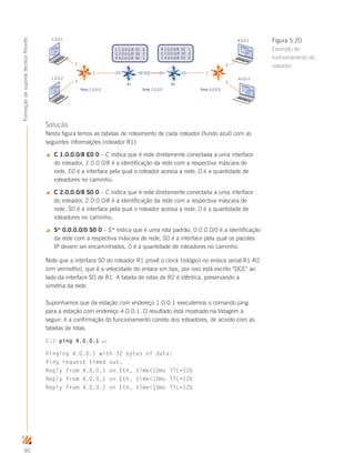 90
FormaçãodesuportetécnicoProinfo
Rede 1.0.0.0
1.0.0.1
1.0.0.2
2
3
2
3
1 E0 E0 1S0 DCE S0
R1 R2
Rede 2.0.0.0 Rede 4.0.0.0
4.0.0.1
4.0.0.2
C 1.0.0.0/8 E0 0
C 2.0.0.0/8 S0 0
R 4.0.0.0/8 S0 1
R 1.0.0.0/8 S0 1
C 2.0.0.0/8 S0 0
C 4.0.0.0/8 E0 0
Solução
Nesta figura temos as tabelas de roteamento de cada roteador (fundo azul) com as
seguintes informações (roteador R1):
 C 1.0.0.0/8 E0 0 – C indica que é rede diretamente conectada a uma interface
do roteador, 1.0.0.0/8 é a identificação da rede com a respectiva máscara de
rede, E0 é a interface pela qual o roteador acessa a rede, 0 é a quantidade de
roteadores no caminho;
 C 2.0.0.0/8 S0 0 – C indica que é rede diretamente conectada a uma interface
do roteador, 2.0.0.0/8 é a identificação da rede com a respectiva máscara de
rede, S0 é a interface pela qual o roteador acessa a rede, 0 é a quantidade de
roteadores no caminho;
 S* 0.0.0.0/0 S0 0 – S* indica que é uma rota padrão, 0.0.0.0/0 é a identificação
da rede com a respectiva máscara de rede, S0 é a interface pela qual os pacotes
IP devem ser encaminhados, 0 é a quantidade de roteadores no caminho.
Note que a interface S0 do roteador R1 provê o clock (relógio) no enlace serial R1-R2
(em vermelho), que é a velocidade do enlace em bps, por isso está escrito “DCE” ao
lado da interface S0 de R1. A tabela de rotas de R2 é idêntica, preservando a
simetria da rede.
Suponhamos que da estação com endereço 1.0.0.1 executemos o comando ping
para a estação com endereço 4.0.0.1. O resultado está mostrado na listagem a
seguir: é a confirmação do funcionamento correto dos roteadores, de acordo com as
tabelas de rotas.
C: ping 4.0.0.1 ↵
Pinging 4.0.0.1 with 32 bytes of data:
Ping request timed out.
Reply from 4.0.0.1 on Eth, time10ms TTL=126
Reply from 4.0.0.1 on Eth, time10ms TTL=126
Reply from 4.0.0.1 on Eth, time10ms TTL=126
Figura 5.20
Exemplo de
funcionamento do
roteador
 