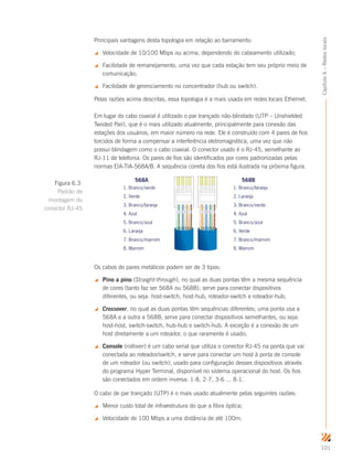101
Capítulo6–Redeslocais
Principais vantagens desta topologia em relação ao barramento:
 Velocidade de 10/100 Mbps ou acima, dependendo do cabeamento utilizado;
 Facilidade de remanejamento, uma vez que cada estação tem seu próprio meio de
comunicação;
 Facilidade de gerenciamento no concentrador (hub ou switch).
Pelas razões acima descritas, essa topologia é a mais usada em redes locais Ethernet.
Em lugar do cabo coaxial é utilizado o par trançado não-blindado (UTP – Unshielded
Twisted Pair), que é o mais utilizado atualmente, principalmente para conexão das
estações dos usuários, em maior número na rede. Ele é construído com 4 pares de fios
torcidos de forma a compensar a interferência eletromagnética, uma vez que não
possui blindagem como o cabo coaxial. O conector usado é o RJ-45, semelhante ao
RJ-11 de telefonia. Os pares de fios são identificados por cores padronizadas pelas
normas EIA-TIA-568A/B. A sequência correta dos fios está ilustrada na próxima figura.
1 2 3 4 5 6 7 8 1 2 3 4 5 6 7 8
1. Branco/verde
2. Verde
3. Branco/laranja
4. Azul
5. Branco/azul
6. Laranja
7. Branco/marrom
8. Marrom
568A
1. Branco/laranja
2. Laranja
3. Branco/verde
4. Azul
5. Branco/azul
6. Verde
7. Branco/marrom
8. Marrom
568B
Os cabos de pares metálicos podem ser de 3 tipos:
 Pino a pino (Straight-through), no qual as duas pontas têm a mesma sequência
de cores (tanto faz ser 568A ou 568B); serve para conectar dispositivos
diferentes, ou seja: host-switch, host-hub, roteador-switch e roteador-hub;
 Crossover, no qual as duas pontas têm sequências diferentes; uma ponta usa a
568A e a outra a 568B; serve para conectar dispositivos semelhantes, ou seja:
host-host, switch-switch, hub-hub e switch-hub. A exceção é a conexão de um
host diretamente a um roteador, o que raramente é usado;
 Console (rollover) é um cabo serial que utiliza o conector RJ-45 na ponta que vai
conectada ao roteador/switch, e serve para conectar um host à porta de console
de um roteador (ou switch); usado para configuração desses dispositivos através
do programa Hyper Terminal, disponível no sistema operacional do host. Os fios
são conectados em ordem inversa: 1-8, 2-7, 3-6 ... 8-1.
O cabo de par trançado (UTP) é o mais usado atualmente pelas seguintes razões:
 Menor custo total de infraestrutura do que a fibra óptica;
 Velocidade de 100 Mbps a uma distância de até 100m;
Figura 6.3
Padrão de
montagem do
conector RJ-45
 