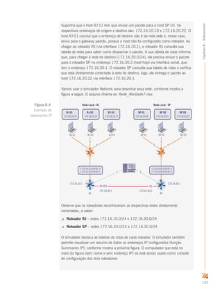 133
Capítulo8–Roteamento
Suponha que o host RJ 01 tem que enviar um pacote para o host SP 03. Os
respectivos endereços de origem e destino são: 172.16.10.10 e 172.16.20.22. O
host RJ 01 conclui que o endereço de destino não é da rede dele e, nesse caso,
envia para o gateway padrão, porque o host não foi configurado como roteador. Ao
chegar ao roteador RJ (via interface 172.16.10.1), o roteador RJ consulta sua
tabela de rotas para saber como despachar o pacote. A sua tabela de rotas informa
que, para chegar à rede de destino (172.16.20.0/24), ele precisa enviar o pacote
para o roteador SP no endereço 172.16.30.2 (next hop) via interface serial, que
tem o endereço 172.16.30.1. O roteador SP consulta sua tabela de rotas e verifica
que está diretamente conectado à rede de destino; logo, ele entrega o pacote ao
host 172.16.20.22 via interface 172.16.20.1.
Vamos usar o simulador Netsimk para desenhar essa rede, conforme mostra a
figura a seguir. O arquivo chama-se: Rede_Atividade7.nsw.
RJ 01 RJ 02 RJ 03
C 172.16.10.0/24 EO 0
C 172.16.30.0/24 S0 0
SP 01 SP 02 SP 03
C 172.16.20.0/24 EO 0
C 172.16.30.0/24 S0 0
Rede Local - RJ Rede Local - SP
S0 DCE S0
RJ SP
172.16.10.1
172.16.30.1 172.16.30.2
172.16.20.1
172.16.20.20
SP 01 SP 02 SP 03
172.16.20.21 172.16.20.22172.16.10.12
RJ 01 RJ 02 RJ 03
172.16.10.10 172.16.10.11
2
3
4 2
3
4
11
1 2
Observe que os roteadores reconheceram as respectivas redes diretamente
conectadas, a saber:
 Roteador RJ – redes 172.16.10.0/24 e 172.16.30.0/24
 Roteador SP – redes 172.16.20.0/24 e 172.16.30.0/24
O simulador destaca as tabelas de rotas de cada roteador. O simulador também
permite visualizar um resumo de todos os endereços IP configurados (função
Summaries IP), conforme mostra a próxima figura. O computador que está no
meio da figura (sem nome e sem endereço IP) só está sendo usado como console
de configuração dos dois roteadores.
Figura 8.4
Exemplo de
roteamento IP
 