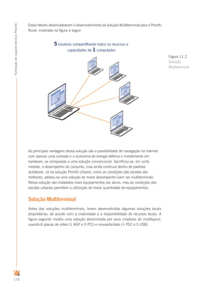 170
FormaçãodesuportetécnicoProinfo
Esses fatores desencadearam o desenvolvimento da solução Multiterminal para o Proinfo
Rural, mostrada na figura a seguir.
5 Usuários compartilhando todos os recursos e
capacidades de 1 computador.
As principais vantagens dessa solução são a possibilidade de navegação na internet
com apenas uma conexão e a economia de energia elétrica e investimento em
hardware, se comparada a uma solução convencional. Sacrificou-se, em certa
medida, o desempenho do conjunto, mas ainda continua dentro de padrões
aceitáveis. Já na solução Proinfo Urbano, como as condições das escolas são
melhores, adotou-se uma solução de maior desempenho (sem ser multiterminal).
Nessa solução são instalados mais equipamentos por aluno, mas as condições das
escolas urbanas permitem a utilização de maior quantidade de equipamentos.
Solução Multiterminal
Antes das soluções multiterminais, foram desenvolvidas algumas soluções locais
proprietárias, de acordo com a criatividade e a disponibilidade de recursos locais. A
figura seguinte mostra uma solução denominada por seus criadores de multilayout,
usando 6 placas de vídeo (1 AGP e 5 PCI) e mouse/teclado (1 PS2 e 5 USB).
Figura 11.2
Solução
Multiterminal
 
