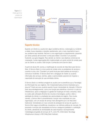 5
Capítulo1–OProinfointegrado
MEC
SEED
DPCEAD
RNP/ESR
Formação
Avaliação
Capacitação para suporte
Área técnica
Infraestrutura
Rede
Sistemas
Segurança
Hardware
Certificação
Professor monitor
Tutores – alunos IFES
Aluno monitor – ensino médio
Multiplicadores
Suporte técnico
Quando um cliente ou usuário tem algum problema técnico, reclamação ou incidente
a relatar, busca respostas e soluções rapidamente, pois o mais importante é que o
seu problema seja resolvido. Recorrer a uma organização ou departamento, passando
por várias pessoas até encontrar a certa para relatar o ocorrido é um processo
frustrante, que gera desgaste. Para atender ao cliente e aos objetivos comerciais da
corporação, muitas organizações têm implementado um ponto central de contato para
uso do cliente ou usuário. Esta função é conhecida como Service Desk.
A partir de século XX, ocorreu a modificação do conceito de Help Desk para Service
Desk. O Service Desk é o único ponto de contato entre os prestadores de serviços e
usuários no dia a dia. É também um ponto focal para fazer pedidos de serviços e
comunicar incidentes. O Service Desk tem a obrigação de manter os usuários
informados dos serviços, eventos, ações e oportunidades passíveis de impactar a
capacidade de execução de suas atividades diárias.
O Service Desk é a interface amigável do usuário com os benefícios que a Tecnologia
da Informação traz aos negócios. Ele é responsável pela primeira impressão que a
área de TI dará aos seus usuários quando houver necessidade de interação. O Service
Desk atua estrategicamente, como uma função para identificar e diminuir o custo de
infraestrutura; apoia a integração e a gestão de mudanças em toda a empresa; reduz
os custos pela utilização eficiente dos recursos e tecnologias; auxilia a obter a
satisfação do cliente e a ampliação das oportunidades de negócio. Para muitos
clientes, o Service Desk é provavelmente a função mais importante em uma
organização, com um escopo de serviço mais abrangente que o do Help Desk
tradicional. Considerado um novo conceito de prestação de serviço de suporte, o
Service Desk segue as tendências inovadoras e as melhores práticas do mercado. Os
processos e serviços são reprojetados de forma a assegurar qualidade e a satisfação
do cliente, atendendo às necessidades de cada empresa e acompanhando
metodologias de gestão de serviços de TI, como ITIL (Information Tecnology
Infrastructure Library) e HDI (Help Desk Institute).
Figura 1.1
Visão geral do
projeto de
capacitação
 
