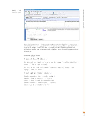 187
Capítulo11–LaboratórioProinfo
Os que se sentem mais à vontade com interface do terminal podem usar o console e
o comando apt-get install. Note que é necessário ter privilégio de root para isso;
portanto, é preciso usar o comando sudo e digitar a senha do usuário para confirmar
a operação.
Comando apt-get install:
$ apt-get install edubar ↵
E: Não foi possível abrir arquivo de trava /var/lib/dpkg/lock –
open (13 Permissão negada)
E: Unable to lock the administration directory (/var/lib/
dpkg/), are you root?
$ sudo apt-get install edubar ↵
[sudo] password for aluno1: senha ↵
Lendo lista de pacotes... Pronto
Construindo árvore de dependências
Lendo estado da informação... Pronto
edubar já é a versão mais nova.
Figura 11.28
Usando o Adept
 