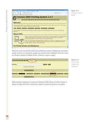 190
FormaçãodesuportetécnicoProinfo
Para diminuir as chances da ocorrência de problemas durante a instalação da impressora,
vamos remover as impressoras antigas que possam estar instaladas. Para isso clique
em Printers e depois em Delete Printer, conforme a figura a seguir.
Neste exemplo instalaremos a impressora Okidata 2200n. Clique em Administration e
depois no botão Add Printer; preencha os dados ou preencha da forma que preferir.
Figura 12.1
Interface web do
CUPS
Figura 12.2
Removendo
impressoras
instaladas
 