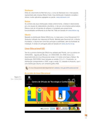 13
Capítulo2–LinuxEducacional
Slackware
Antes do crescimento do Red Hat Linux, o Linux da Slackware era o mais popular,
representado pela empresa Walnut Creek. Essa distribuição é bastante completa e
oferece muitos aplicativos agregados ao pacote. www.slackware.com
Debian
Ao contrário das duas distribuições citadas anteriormente, o Debian é desenvolvido
por uma equipe de colaboradores voluntários, e não por uma empresa patrocinadora.
Oferece mais de mil pacotes de software e é projetado para proporcionar
funcionalidades semelhantes às do Red Hat. Pode ser baixado em www.debian.org
Ubuntu
Baseado na distribuição Debian GNU/Linux, é a base para o Linux Educacional 3.0
(Kubuntu) utilizado nas máquinas do Proinfo. Mantido pela Canonical Ltd. e Ubuntu
Foundation, o Ubuntu tem como foco principal a usabilidade, além da facilidade de
instalação. A versão em português pode ser baixada em www.ubuntu-br.org
Linux Educacional (LE)
Tom foi a primeira distribuição GNU/Linux adotada pelo Proinfo, com sua estreia em
2004/2005,  seguida pelo Muriqui, em 2005/2006. Em 2006 iniciou-se o
desenvolvimento do Linux Educacional versão 1.0, tendo como base o Debian. Na
distribuição 2007/2008, foram lançadas as versões 2.0 e 2.1. Finalmente, na
distribuição correspondente a 2009, surge a versão 3.0, baseada no Kubuntu, que é
uma distribuição Ubuntu com ambiente gráfico KDE.
O Linux Educacional está disponível em webeduc.mec.gov.br/linuxeducacional
As versões do Linux Educacional
Figura 2.1
Tom: 2004/2005
 