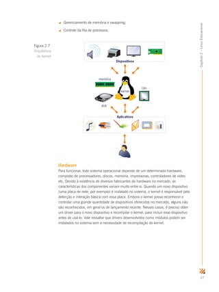 17
Capítulo2–LinuxEducacional
 Gerenciamento de memória e swapping;
 Controle da fila de processos.
Hardware
Para funcionar, todo sistema operacional depende de um determinado hardware,
composto de processadores, discos, memória, impressoras, controladores de vídeo
etc. Devido à existência de diversos fabricantes de hardware no mercado, as
características dos componentes variam muito entre si. Quando um novo dispositivo
(uma placa de rede, por exemplo) é instalado no sistema, o kernel é responsável pela
detecção e interação básica com essa placa. Embora o kernel possa reconhecer e
controlar uma grande quantidade de dispositivos oferecidos no mercado, alguns não
são reconhecidos, em geral os de lançamento recente. Nesses casos, é preciso obter
um driver para o novo dispositivo e recompilar o kernel, para incluir esse dispositivo
antes de usá-lo. Vale ressaltar que drivers desenvolvidos como módulos podem ser
instalados no sistema sem a necessidade de recompilação do kernel.
Aplicativos
Dispositivos
memória
cpu
kernel
disk
Figura 2.7
Arquitetura
do kernel
 