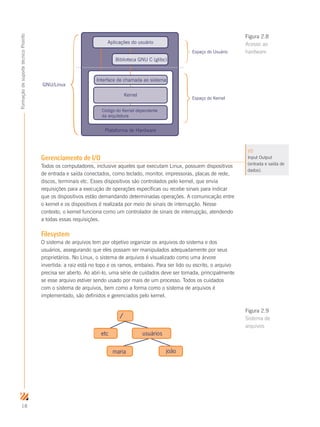 18
FormaçãodesuportetécnicoProinfo
Gerenciamento de I/O
Todos os computadores, inclusive aqueles que executam Linux, possuem dispositivos
de entrada e saída conectados, como teclado, monitor, impressoras, placas de rede,
discos, terminais etc. Esses dispositivos são controlados pelo kernel, que envia
requisições para a execução de operações específicas ou recebe sinais para indicar
que os dispositivos estão demandando determinadas operações. A comunicação entre
o kernel e os dispositivos é realizada por meio de sinais de interrupção. Nesse
contexto, o kernel funciona como um controlador de sinais de interrupção, atendendo
a todas essas requisições.
Filesystem
O sistema de arquivos tem por objetivo organizar os arquivos do sistema e dos
usuários, assegurando que eles possam ser manipulados adequadamente por seus
proprietários. No Linux, o sistema de arquivos é visualizado como uma árvore
invertida: a raiz está no topo e os ramos, embaixo. Para ser lido ou escrito, o arquivo
precisa ser aberto. Ao abri-lo, uma série de cuidados deve ser tomada, principalmente
se esse arquivo estiver sendo usado por mais de um processo. Todos os cuidados
com o sistema de arquivos, bem como a forma como o sistema de arquivos é
implementado, são definidos e gerenciados pelo kernel.
/
etc usuários
maria joão
Figura 2.9
Sistema de
arquivos
GNU/Linux
Plataforma de Hardware
Espaço do Usuário
Espaço do Kernel
Aplicações do usuário
Biblioteca GNU C (glibc)
Interface de chamada ao sistema
Kernel
Código do Kernel dependente
da arquitetura
Figura 2.8
Acesso ao
hardware
I/O
Input Output
(entrada e saída de
dados).
 