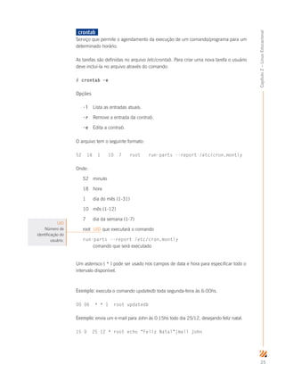 25
Capítulo2–LinuxEducacional
crontab	
Serviço que permite o agendamento da execução de um comando/programa para um
determinado horário.
As tarefas são definidas no arquivo /etc/crontab. Para criar uma nova tarefa o usuário
deve inclui-la no arquivo através do comando:
# crontab –e
Opções
-l	 Lista as entradas atuais.
-r	 Remove a entrada da contrab.
-e	 Edita a contrab.
O arquivo tem o seguinte formato:
52 18 1 10 7 root run-parts --report /etc/cron.montly
Onde:
52 	 minuto
18	 hora
1 	 dia do mês (1-31)
10 	 mês (1-12)
7 	 dia da semana (1-7)
root 	UID que executará o comando
run-parts --report /etc/cron.montly
	 comando que será executado
Um asterisco ( * ) pode ser usado nos campos de data e hora para especificar todo o
intervalo disponível.
Exemplo: executa o comando updatedb toda segunda-feira às 6:00hs.
00 06 * * 1 root updatedb
Exemplo: envia um e-mail para John às 0:15hs todo dia 25/12, desejando feliz natal.
15 0 25 12 * root echo Feliz Natal|mail john
UID
Número de
identificação do
usuário.
 