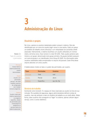 33
3
Administração do Linux
Usuários e grupos
No Linux, apenas os usuários cadastrados podem acessar o sistema. Eles são
identificados por um nome de usuário (login name) e uma senha. Cada um possui
um diretório de trabalho (home directory) e um interpretador de comandos (shell)
associado. Internamente, o sistema reconhece um usuário utilizando um número
inteiro, de forma única. Esse número é o User ID (UID). Todo usuário pertence pelo
menos a um grupo, denominado como grupo primário. Os grupos também possuem
um nome de grupo e um identificador único Group ID (GID). As informações sobre
usuários cadastrados estão armazenadas no arquivo /etc/passwd. Cada linha desse
arquivo descreve um único usuário.
A tabela abaixo mostra os tipos e o poder das permissões, por usuário.
Tipos Permissões Usuários
Principal Total root
Padrão Parcial aluno
Sistema Específica sys, bin, ftp
Diretório de trabalho
Conhecido como homedir. É o espaço em disco reservado ao usuário na hora de sua
inclusão. Por questões de segurança, alguns administradores definem contas de
usuários, mas não atribuem a elas um diretório de trabalho ou um shell válido. Desta
forma, estes usuários não conseguem se “logar” no sistema, apenas utilizam algum
serviço, como o correio eletrônico.
Tabela 3.1
Tipos de usuários
e permissões
Principal
Acesso total ao
sistema operacional,
usuário
Administrador.
Padrão
Usuário com
permissões
parciais, não pode
modificar arquivos
de configuração
nem instalar/
remover programas.
Sistema
Usuário criado pelo
sistema operacional
ou programa
específico, dotado
de permissões para
manipulação de
programas ou
serviços dentro do
sistema operacional.
 