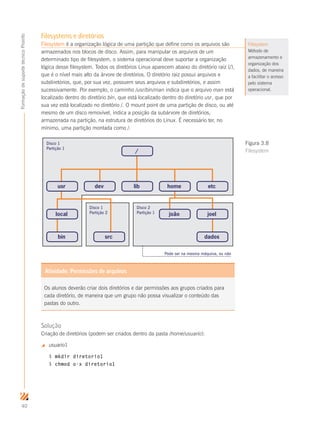 40
FormaçãodesuportetécnicoProinfo
Filesystems e diretórios
Filesystem é a organização lógica de uma partição que define como os arquivos são
armazenados nos blocos de disco. Assim, para manipular os arquivos de um
determinado tipo de filesystem, o sistema operacional deve suportar a organização
lógica desse filesystem. Todos os diretórios Linux aparecem abaixo do diretório raiz (/),
que é o nível mais alto da árvore de diretórios. O diretório raiz possui arquivos e
subdiretórios, que, por sua vez, possuem seus arquivos e subdiretórios, e assim
sucessivamente. Por exemplo, o caminho /usr/bin/man indica que o arquivo man está
localizado dentro do diretório bin, que está localizado dentro do diretório usr, que por
sua vez está localizado no diretório /. O mount point de uma partição de disco, ou até
mesmo de um disco removível, indica a posição da subárvore de diretórios,
armazenada na partição, na estrutura de diretórios do Linux. É necessário ter, no
mínimo, uma partição montada como /.
Solução
Criação de diretórios (podem ser criados dentro da pasta /home/usuario).
 usuario1
$ mkdir diretorio1
$ chmod o-x diretorio1
Filesystem
Método de
armazenamento e
organização dos
dados, de maneira
a facilitar o acesso
pelo sistema
operacional.
Disco 1
Partição 1
Pode ser na mesma máquina, ou não
Disco 2
Partição 1
Disco 1
Partição 2
lib
/
home etcdevusr
local
bin src
joão joel
dados
Figura 3.8
Filesystem
Os alunos deverão criar dois diretórios e dar permissões aos grupos criados para
cada diretório, de maneira que um grupo não possa visualizar o conteúdo das
pastas do outro.
Atividade: Permissões de arquivos
 