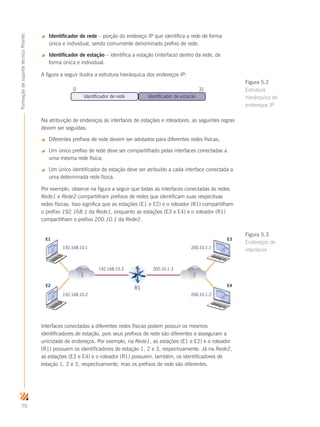 70
FormaçãodesuportetécnicoProinfo
 Identificador de rede – porção do endereço IP que identifica a rede de forma
única e individual, sendo comumente denominado prefixo de rede.
 Identificador de estação – identifica a estação (interface) dentro da rede, de
forma única e individual.
A figura a seguir ilustra a estrutura hierárquica dos endereços IP:
Identificador de rede Identificador de estação
0 31
Na atribuição de endereços às interfaces de estações e roteadores, as seguintes regras
devem ser seguidas:
 Diferentes prefixos de rede devem ser adotados para diferentes redes físicas;
 Um único prefixo de rede deve ser compartilhado pelas interfaces conectadas a
uma mesma rede física;
 Um único identificador de estação deve ser atribuído a cada interface conectada a
uma determinada rede física.
Por exemplo, observe na figura a seguir que todas as interfaces conectadas às redes
Rede1 e Rede2 compartilham prefixos de redes que identificam suas respectivas
redes físicas. Isso significa que as estações (E1 e E2) e o roteador (R1) compartilham
o prefixo 192.168.1 da Rede1, enquanto as estações (E3 e E4) e o roteador (R1)
compartilham o prefixo 200.10.1 da Rede2.
R1
E3
E4
E1
E2
192.168.10.3
192.168.10.1
192.168.10.2
200.10.1.3
200.10.1.1
200.10.1.2
21
Interfaces conectadas a diferentes redes físicas podem possuir os mesmos
identificadores de estação, pois seus prefixos de rede são diferentes e asseguram a
unicidade de endereços. Por exemplo, na Rede1, as estações (E1 e E2) e o roteador
(R1) possuem os identificadores de estação 1, 2 e 3, respectivamente. Já na Rede2,
as estações (E3 e E4) e o roteador (R1) possuem, também, os identificadores de
estação 1, 2 e 3, respectivamente, mas os prefixos de rede são diferentes.
Figura 5.2
Estrutura
hierárquica de
endereços IP
Figura 5.3
Endereços de
interfaces
 