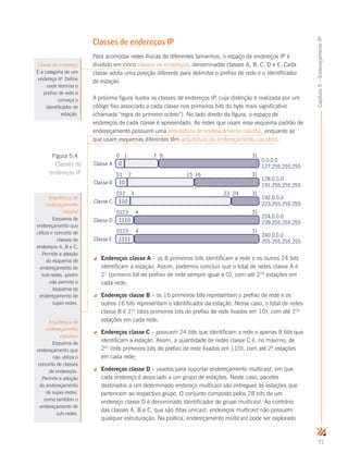 71
Capítulo5–EndereçamentoIP
Classes de endereços IP
Para acomodar redes físicas de diferentes tamanhos, o espaço de endereços IP é
dividido em cinco classes de endereços, denominadas classes A, B, C, D e E. Cada
classe adota uma posição diferente para delimitar o prefixo de rede e o identificador
de estação.
A próxima figura ilustra as classes de endereços IP, cuja distinção é realizada por um
código fixo associado a cada classe nos primeiros bits do byte mais significativo
(chamada “regra do primeiro octeto”). No lado direito da figura, o espaço de
endereços de cada classe é apresentado. As redes que usam esse esquema padrão de
endereçamento possuem uma arquitetura de endereçamento classful, enquanto as
que usam esquemas diferentes têm arquitetura de endereçamento classless.
 Endereços classe A – os 8 primeiros bits identificam a rede e os outros 24 bits
identificam a estação. Assim, podemos concluir que o total de redes classe A é
27
(primeiro bit do prefixo de rede sempre igual a 0), com até 224
estações em
cada rede;
 Endereços classe B – os 16 primeiros bits representam o prefixo de rede e os
outros 16 bits representam o identificador da estação. Nesse caso, o total de redes
classe B é 214
(dois primeiros bits do prefixo de rede fixados em 10), com até 216
estações em cada rede;
 Endereços classe C – possuem 24 bits que identificam a rede e apenas 8 bits que
identificam a estação. Assim, a quantidade de redes classe C é, no máximo, de
221
(três primeiros bits do prefixo de rede fixados em 110), com até 28
estações
em cada rede;
 Endereços classe D – usados para suportar endereçamento multicast, em que
cada endereço é associado a um grupo de estações. Neste caso, pacotes
destinados a um determinado endereço multicast são entregues às estações que
pertencem ao respectivo grupo. O conjunto composto pelos 28 bits de um
endereço classe D é denominado identificador de grupo multicast. Ao contrário
das classes A, B e C, que são ditas unicast, endereços multicast não possuem
qualquer estruturação. Na prática, endereçamento multicast pode ser explorado
Classe de endereço
É a categoria de um
endereço IP. Define
onde termina o
prefixo de rede e
começa o
identificador de
estação.
0Classe A
0 87 31
10Classe B
01 1615 31
110Classe C
012 2423 31
1110Classe D
0123 4 31
1111Classe E
0123 4 31
1
2
3
0.0.0.0
127.255.255.255
128.0.0.0
191.255.255.255
192.0.0.0
223.255.255.255
224.0.0.0
239.255.255.255
240.0.0.0
255.255.255.255
Arquitetura de
endereçamento
classful
Esquema de
endereçamento que
utiliza o conceito de
classes de
endereços A, B e C.
Permite a adoção
do esquema de
endereçamento de
sub-redes, porém
não permite o
esquema de
endereçamento de
super-redes.
Arquitetura de
endereçamento
classless
Esquema de
endereçamento que
não utiliza o
conceito de classes
de endereços.
Permite a adoção
do endereçamento
de super-redes,
como também o
endereçamento de
sub-redes.
Figura 5.4
Classes de
endereços IP
 