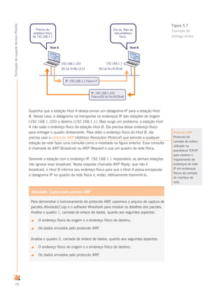 76
FormaçãodesuportetécnicoProinfo
Host A Host B
192.168.1.103
IP: 192.168.1.1 Físico=??
IP: 192.168.1.103
Físico=00:1d:7e:c9:29:e6
192.168.1.1
Preciso do
endereço físico
de 192.168.1.1
Sou eu. Aqui vai
meu endereço
físico.
00:1d:7e:9b:c3:11 00:1d:7e:c9:29:e6
Suponha que a estação Host A deseja enviar um datagrama IP para a estação Host
B. Nesse caso, o datagrama irá transportar os endereços IP das estações de origem
(192.168.1.103) e destino (192.168.1.1). Mas surge um problema: a estação Host
A não sabe o endereço físico da estação Host B. Ela precisa desse endereço físico
para entregar o quadro diretamente. Para obter o endereço físico do Host B, ela
precisa usar o protocolo ARP (Address Resolution Protocol) que permite a qualquer
estação da rede fazer uma consulta como a mostrada na figura anterior. Essa consulta
é chamada de ARP Broadcast ou ARP Request e usa um quadro da rede física.
Somente a estação com o endereço IP: 192.168.1.1 responderá; as demais estações
irão ignorar esse broadcast. Nesta resposta chamada ARP Reply, que não é
broadcast, o Host B informa seu endereço físico para que o Host A possa encapsular
o datagrama IP no quadro da rede física e, então, efetivamente transmiti-lo.
Atividade: Capturando pacotes ARP
Para demonstrar o funcionamento do protocolo ARP, usaremos o arquivo de captura de
pacotes Atividade2.cap e o software Wireshark para mostrar os detalhes dos pacotes.
Analise o quadro 1, camada de enlace de dados, quanto aos seguintes aspectos:
 O endereço físico de origem e o endereço físico de destino;
 Os dados enviados pelo protocolo ARP.
Analise o quadro 3, camada de enlace de dados, quanto aos seguintes aspectos:
 O endereço físico de origem e o endereço físico de destino;
 Os dados enviados pelo protocolo ARP.
Figura 5.7
Exemplo de
entrega direta
Protocolo ARP
Protocolo de
camada de enlace
utilizado na
arquitetura TCP/IP
para resolver o
mapeamento de
endereços de rede
IP em endereços
físicos da camada
de interface de
rede.
 