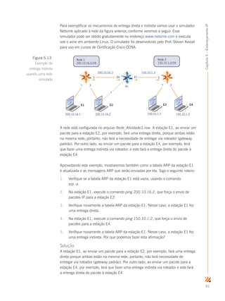 81
Capítulo5–EndereçamentoIP
Para exemplificar os mecanismos de entrega direta e indireta vamos usar o simulador
Netsimk aplicado à rede da figura anterior, conforme veremos a seguir. Esse
simulador pode ser obtido gratuitamente no endereço www.netsimk.com e executa
sob o wine em ambiente Linux. O simulador foi desenvolvido pelo Prof. Steven Kessel
para uso em cursos de Certificação Cisco CCNA.
E2
200.10.16.3
200.10.16.2
E1
200.10.16.1 150.10.1.2150.10.1.1
150.10.1.3
1 2
3 E0 E1 3
E4E3
1 2
Rede 2
150.10.1.0/24
R1
1
Rede 1
200.10.16.0/24
A rede está configurada no arquivo Rede_Atividade3.nsw. A estação E1, ao enviar um
pacote para a estação E2, por exemplo, fará uma entrega direta, porque ambas estão
na mesma rede; portanto, não terá a necessidade de entregar via roteador (gateway
padrão). Por outro lado, ao enviar um pacote para a estação E4, por exemplo, terá
que fazer uma entrega indireta via roteador, e este fará a entrega direta do pacote à
estação E4.
Aproveitando este exemplo, mostraremos também como a tabela ARP da estação E1
é atualizada e as mensagens ARP que serão enviadas por ela. Siga o seguinte roteiro:
1.	 Verifique se a tabela ARP da estação E1 está vazia, usando o comando
arp -a.
2.	 Na estação E1, execute o comando ping 200.10.16.2, que força o envio de
pacotes IP para a estação E2.
3.	 Verifique novamente a tabela ARP da estação E1. Nesse caso, a estação E1 fez
uma entrega direta.
4.	 Na estação E1, execute o comando ping 150.10.1.2, que força o envio de
pacotes para a estação E4.
5.	 Verifique novamente a tabela ARP da estação E1. Nesse caso, a estação E1 fez
uma entrega indireta. Por que podemos fazer esta afirmação?
Solução
A estação E1, ao enviar um pacote para a estação E2, por exemplo, fará uma entrega
direta porque ambas estão na mesma rede, portanto, não terá necessidade de
entregar via roteador (gateway padrão). Por outro lado, ao enviar um pacote para a
estação E4, por exemplo, terá que fazer uma entrega indireta via roteador e este fará
a entrega direta do pacote à estação E4.
Figura 5.13
Exemplo de
entrega indireta
usando uma rede
simulada
 