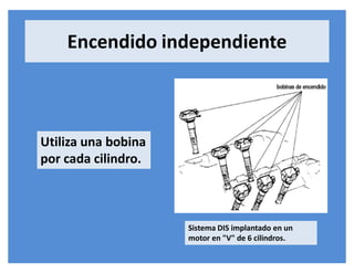 Encendido independiente
Utiliza una bobina
por cada cilindro.
Sistema DIS implantado en un
motor en "V" de 6 cilindros.
 