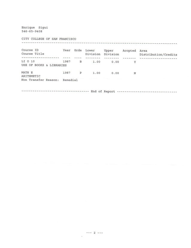 San Francisco City College Transcript | PDF