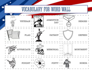 VOCABULARY FOR WORD WALL
VETERAN
FLAG
APPRECIATE
FOUGHT
ARMISTICE
DAY
PATRIOT
MEMORIAL
POPPY
HEROES
DEFEND
MONUMENT
HONOR
 
