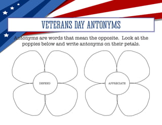 Antonyms are words that mean the opposite. Look at the
poppies below and write antonyms on their petals.
VETERANS DAY ANTONYMS
DEFEND APPRECIATE
 