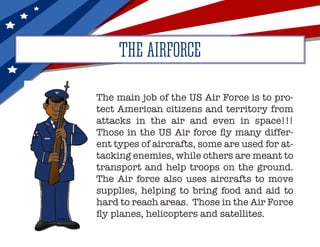 THE AIRFORCE
The main job of the US Air Force is to pro-
tect American citizens and territory from
attacks in the air and even in space!!!
Those in the US Air force fly many differ-
ent types of aircrafts, some are used for at-
tacking enemies, while others are meant to
transport and help troops on the ground.
The Air force also uses aircrafts to move
supplies, helping to bring food and aid to
hard to reach areas. Those in the Air Force
fly planes, helicopters and satellites.
 