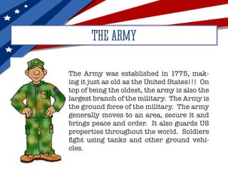 THE ARMY
The Army was established in 1775, mak-
ing it just as old as the United States!!! On
top of being the oldest, the army is also the
largest branch of the military. The Army is
the ground force of the military. The army
generally moves to an area, secure it and
brings peace and order. It also guards US
properties throughout the world. Soldiers
fight using tanks and other ground vehi-
cles.
 