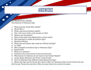 ANSWERS
ALPHABETICAL ORDER
The History of Veterans Day
1.	 What was the Great War called?
a.	 World War 1
2.	 When was the armistice called?
a.	 The 11th hour of the 11th month of 1918
3.	 What is an Armistice?
a.	 When both sides stop fighting for a short while
4.	 Who decided to create Armistice Day?
a.	 Woodrow Wilson
5.	 When was Armistice day made an official holiday?
a.	 In 1938
6.	 Who changed Armistice Day to Veterans Day?
a.	Eisenhower
7.	 What is a veteran?
a.	 Someone who has served in the armed forces
8.	 What kinds of veterans do we have in the United States?
a.	 Army, Navy, Marines, Air Force, Coast Guard
9.	 How is Veterans Day different than Memorial Day?
a.	 Memorial Day honors those who died in War, but Veterans Day honors those who are
still living. Those who served in War, but also those who served in peace.
 