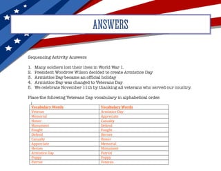 ANSWERS
Sequencing Activity Answers
1.	 Many soldiers lost their lives in World War 1.
2.	 President Woodrow Wilson decided to create Armistice Day
3.	 Armistice Day became an official holiday
4.	 Armistice Day was changed to Veterans Day
5.	 We celebrate November 11th by thanking all veterans who served our country.
Place the following Veterans Day vocabulary in alphabetical order.
 