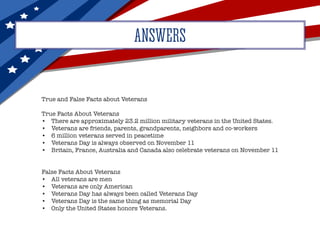 ANSWERS
True and False Facts about Veterans
True Facts About Veterans
•	 There are approximately 23.2 million military veterans in the United States.
•	 Veterans are friends, parents, grandparents, neighbors and co-workers
•	 6 million veterans served in peacetime
•	 Veterans Day is always observed on November 11
•	 Britain, France, Australia and Canada also celebrate veterans on November 11
False Facts About Veterans
•	 All veterans are men
•	 Veterans are only American
•	 Veterans Day has always been called Veterans Day
•	 Veterans Day is the same thing as memorial Day
•	 Only the United States honors Veterans.
 