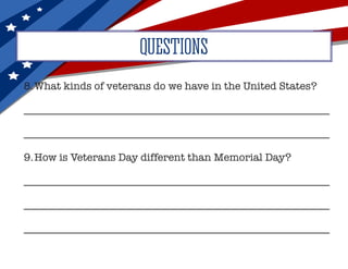 8.	What kinds of veterans do we have in the United States?
__________________________________________________________
__________________________________________________________
9.	How is Veterans Day different than Memorial Day?
__________________________________________________________
__________________________________________________________
__________________________________________________________
QUESTIONS
 