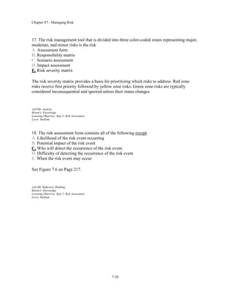 Chapter 07 - Managing Risk
7-26
17. The risk management tool that is divided into three color-coded zones representing major,
moderate, and minor risks is the risk
A. Assessment form
B. Responsibility matrix
C. Scenario assessment
D. Impact assessment
E. Risk severity matrix
The risk severity matrix provides a basis for prioritizing which risks to address. Red zone
risks receive first priority followed by yellow zone risks. Green zone risks are typically
considered inconsequential and ignored unless their status changes.
AACSB: Analytic
Bloom's: Knowledge
Learning Objective: Step 2: Risk Assessment
Level: Medium
18. The risk assessment form contains all of the following except
A. Likelihood of the risk event occurring
B. Potential impact of the risk event
C. Who will detect the occurrence of the risk event.
D. Difficulty of detecting the occurrence of the risk event
E. When the risk event may occur
See Figure 7.6 on Page 217.
AACSB: Reflective Thinking
Bloom's: Knowledge
Learning Objective: Step 2: Risk Assessment
Level: Medium
 