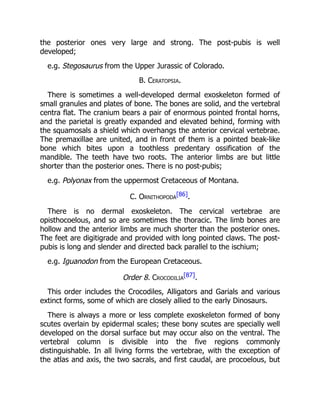 the posterior ones very large and strong. The post-pubis is well
developed;
e.g. Stegosaurus from the Upper Jurassic of Colorado.
B. Ceratopsia.
There is sometimes a well-developed dermal exoskeleton formed of
small granules and plates of bone. The bones are solid, and the vertebral
centra flat. The cranium bears a pair of enormous pointed frontal horns,
and the parietal is greatly expanded and elevated behind, forming with
the squamosals a shield which overhangs the anterior cervical vertebrae.
The premaxillae are united, and in front of them is a pointed beak-like
bone which bites upon a toothless predentary ossification of the
mandible. The teeth have two roots. The anterior limbs are but little
shorter than the posterior ones. There is no post-pubis;
e.g. Polyonax from the uppermost Cretaceous of Montana.
C. Ornithopoda
[86].
There is no dermal exoskeleton. The cervical vertebrae are
opisthocoelous, and so are sometimes the thoracic. The limb bones are
hollow and the anterior limbs are much shorter than the posterior ones.
The feet are digitigrade and provided with long pointed claws. The post-
pubis is long and slender and directed back parallel to the ischium;
e.g. Iguanodon from the European Cretaceous.
Order 8. Crocodilia
[87].
This order includes the Crocodiles, Alligators and Garials and various
extinct forms, some of which are closely allied to the early Dinosaurs.
There is always a more or less complete exoskeleton formed of bony
scutes overlain by epidermal scales; these bony scutes are specially well
developed on the dorsal surface but may occur also on the ventral. The
vertebral column is divisible into the five regions commonly
distinguishable. In all living forms the vertebrae, with the exception of
the atlas and axis, the two sacrals, and first caudal, are procoelous, but
 