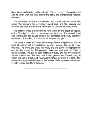 there is an ossified ring in the sclerotic. The occurrence of a postfrontal
and its union with the jugal behind the orbit, are characteristic reptilian
features.
The ribs have capitula and tubercula, and sternal and abdominal ribs
occur. The sternum has a well-developed keel, and the scapula and
coracoid are large and bird-like. There are no clavicles or interclavicle.
The anterior limbs are modified to form wings by the great elongation
of the fifth digit, to which a membrane was attached. The second, third
and fourth digits are clawed and are not elongated in the way that they
are in bats. The pollex, if present at all, is quite vestigial.
The pelvis is weak and small, and though the ilia are produced both in
front of and behind the acetabula, in other features the pelvis is not
bird-like. The ischia are short and wide, and the pubes are represented
only by the pre-pubes. The posterior limbs are small and the fibula is
much reduced. The pes is quite reptilian in type, and has five separate
slender metatarsals. The two best known genera are Pterodactylus, in
which the tail is short, and Rhamphorhynchus, in which it is long. The
Pterosauria are found throughout the Jurassic and Cretaceous formations
in both Europe and North America.
 
