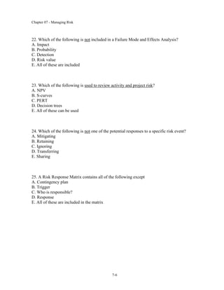 Chapter 07 - Managing Risk
7-6
22. Which of the following is not included in a Failure Mode and Effects Analysis?
A. Impact
B. Probability
C. Detection
D. Risk value
E. All of these are included
23. Which of the following is used to review activity and project risk?
A. NPV
B. S-curves
C. PERT
D. Decision trees
E. All of these can be used
24. Which of the following is not one of the potential responses to a specific risk event?
A. Mitigating
B. Retaining
C. Ignoring
D. Transferring
E. Sharing
25. A Risk Response Matrix contains all of the following except
A. Contingency plan
B. Trigger
C. Who is responsible?
D. Response
E. All of these are included in the matrix
 