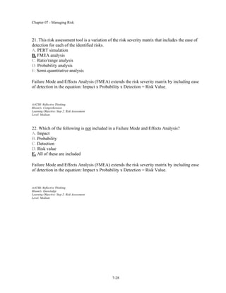 Chapter 07 - Managing Risk
7-28
21. This risk assessment tool is a variation of the risk severity matrix that includes the ease of
detection for each of the identified risks.
A. PERT simulation
B. FMEA analysis
C. Ratio/range analysis
D. Probability analysis
E. Semi-quantitative analysis
Failure Mode and Effects Analysis (FMEA) extends the risk severity matrix by including ease
of detection in the equation: Impact x Probability x Detection = Risk Value.
AACSB: Reflective Thinking
Bloom's: Comprehension
Learning Objective: Step 2: Risk Assessment
Level: Medium
22. Which of the following is not included in a Failure Mode and Effects Analysis?
A. Impact
B. Probability
C. Detection
D. Risk value
E. All of these are included
Failure Mode and Effects Analysis (FMEA) extends the risk severity matrix by including ease
of detection in the equation: Impact x Probability x Detection = Risk Value.
AACSB: Reflective Thinking
Bloom's: Knowledge
Learning Objective: Step 2: Risk Assessment
Level: Medium
 