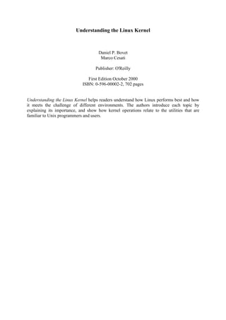 Understanding The Linux Kernel 1st Edition Daniel Pierre Bovet | PDF