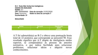 R-2 - Teste Não Verbal de Inteligência
DADOS DO AVALIADO
NOME: A.T
CPF: 0000000000 Data da correção: 27/07/2020
Sexo: Feminino Idade na data da correção:7
Escolaridade: 3ª
RESULTADO
Pontos Percentil Classificação
22 90 MÉDIO
SUPERIOR
A.T foi submetido(a) ao R-2 e obteve uma pontuação bruta
total de 22 ponto(s), que corresponde ao percentil 90. Esse
resultado significa que A.T dispõe de inteligência médio
superior, se comparado(a) às pessoas da amostra
normativa, o que indica facilidade para solucionar
problemas, relacionar ideias e adquirir novos
conhecimentos.
 