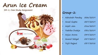 Arun Ice Cream
Group-2:
• Ashutosh Pandey 006/2019
• Ansal Gupta 007/2019
• Arpit Jain 016/2019
• Yashika Dudeja 031/2019
• Arjun Arora 049/2019
• Anmol Sehgal 057/2019
• Yojit Rajput 037/2018
SM-1: Case Study Assignment
 