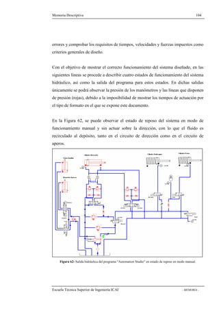 Memoria Descriptiva 104 
errores y comprobar los requisitos de tiempos, velocidades y fuerzas impuestos como 
criterios generales de diseño. 
Con el objetivo de mostrar el correcto funcionamiento del sistema diseñado, en las 
siguientes líneas se procede a describir cuatro estados de funcionamiento del sistema 
hidráulico, así como la salida del programa para estos estados. En dichas salidas 
únicamente se podrá observar la presión de los manómetros y las líneas que disponen 
de presión (rojas), debido a la imposibilidad de mostrar los tiempos de actuación por 
el tipo de formato en el que se expone este documento. 
En la Figura 62, se puede observar el estado de reposo del sistema en modo de 
funcionamiento manual y sin actuar sobre la dirección, con lo que el fluido es 
recirculado al depósito, tanto en el circuito de dirección como en el circuito de 
aperos. 
Figura 62- Salida hidráulica del programa “Automation Studio” en estado de reposo en modo manual. 
Escuela Técnica Superior de Ingeniería ICAI - MEMORIA - 
 