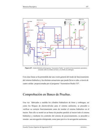 Memoria Descriptiva 107 
Figura 65 - Salida hidráulica del programa “Automation Studio” en modo de funcionamiento automático 
actuando sobre el cilindro de freno y el cilindro de embrague. 
Con estas líneas se ha pretendido dar una visión general del modo de funcionamiento 
del sistema hidráulico y las distintas actuaciones que puede llevar a cabo, a través de 
cuatro salidas proporcionadas por el programa “Automation Studio 5.0”. 
Comprobación en Banco de Pruebas. 
Una vez fabricados a medida los cilindros hidráulicos de freno y embrague, así 
como los bloques de electroválvulas para el sistema autónomo, se procedió a 
verificar su correcto funcionamiento antes de instalar el sistema hidráulico en el 
tractor. Para ello se montó en un banco de pruebas paralelo al tractor todo el sistema 
hidráulico y mediante los controles del sistema de posicionamiento, se procedió a 
simular una navegación teleoperada, como paso previo a la navegación autónoma. 
Escuela Técnica Superior de Ingeniería ICAI - MEMORIA - 
 
