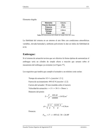 Cálculos 133 
Elemento elegido: 
Elemento Cilindro 
Presión Nominal 6Bar 
Potencia 27.9W 
Diámetro 
Vástago 3.84cm 
Precio 40€ 
Tabla 13-Características del cilindro de simple efecto del freno. 
La fiabilidad del sistema en un entorno al aire libre con condiciones atmosféricas 
variables, elevada humedad y ambiente polvoriento le dan un índice de fiabilidad de 
6/10. 
Embrague: 
Si el sistema de actuación tuviera que ser eléctrico la forma óptima de automatizar el 
embrague sería un cilindro de simple efecto a tracción que actuara sobre el 
mecanismo del embrague ya existente (ver Figura 77). 
Los requisitos que tendría que cumplir el actuador a un mínimo coste serían: 
Tiempo de actuación: 0.5-1 s [sección 1.2.1] 
Fuerza de accionamiento: 895.42 N [sección 1.2.2] 
Carrera del actuador: 30 mm (medida sobre el tractor). 
Velocidad de actuación: v = S / t = 30 /1 = 30mm/ s 
Diámetro del pistón: 
14.92 2 
895.42 
S = = = 
600000 
cm 
F 
P 
4.36 
cm 
= S 
× 4 = 14.92 × 4 = 
p p 
f 
Potencia: 
P F v W Meca = × = 895.42 × 30 = 26.8 
Escuela Técnica Superior de Ingeniería ICAI - MEMORIA - 
 
