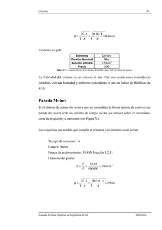 Cálculos 135 
0.46 
cm 
= S 
× 4 = 0.16 × 4 = 
p p 
f 
Elemento elegido: 
Elemento Cilindro 
Presión Nominal 6Bar 
Sección cilindro 0.16cm2 
Precio 50€ 
Tabla 15 - Características del cilindro de doble efecto del elevador de aperos. 
La fiabilidad del sistema en un entorno al aire libre con condiciones atmosféricas 
variables, elevada humedad y ambiente polvoriento le dan un índice de fiabilidad de 
4/10. 
Parada Motor: 
Si el sistema de actuación tuviera que ser neumático la forma óptima de automatizar 
parada del motor sería un cilindro de simple efecto que actuara sobre el mecanismo 
corte de inyección ya existente (ver Figura75). 
Los requisitos que tendría que cumplir el actuador a un mínimo coste serían: 
Tiempo de actuación: 1s 
Carrera: 30mm 
Fuerza de accionamiento: 38.88N [sección 1.2.1] 
Diámetro del pistón: 
0.64 2 
38.88 
S = = = 
600000 
cm 
F 
P 
0.9 
cm 
= S 
× 4 = 0.648 × 4 = 
p p 
f 
Escuela Técnica Superior de Ingeniería ICAI - MEMORIA - 
 